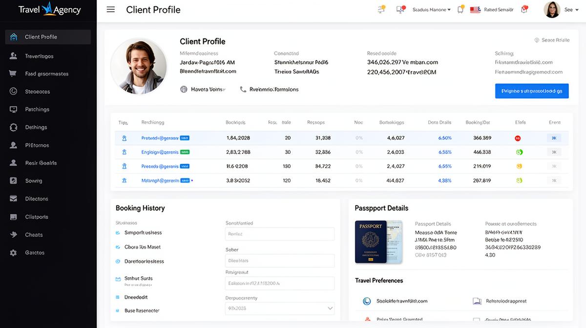 VoyagePro Client Management showing structured client records with booking history