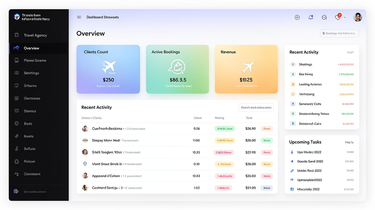 VoyagePro Dashboard showing agency overview with clients, bookings and tasks